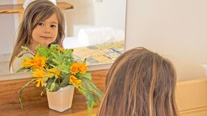 Un enfant assis sur un tabouret en bois, devant un miroir, avec une plante en pot.