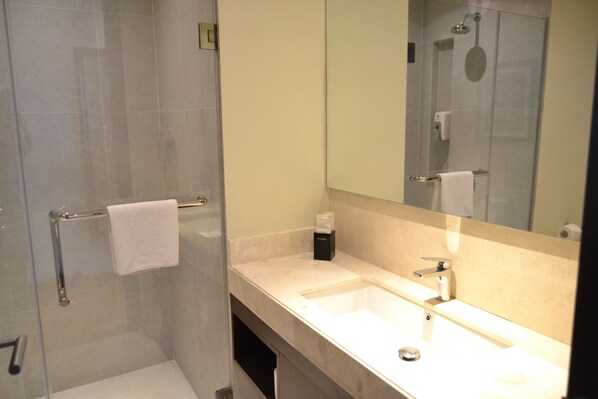 Un baño moderno con ducha envuelta en vidrio, un lavamanos blanco y un espejo grande.