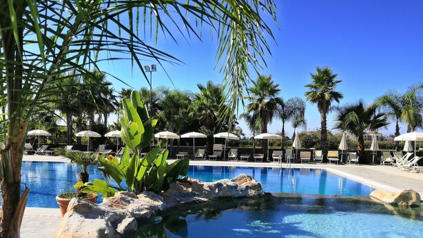 A pool with clear blue water, surrounded by palm trees and lounge chairs. - L'Oasi del Fauno Country House (Casal Velino)