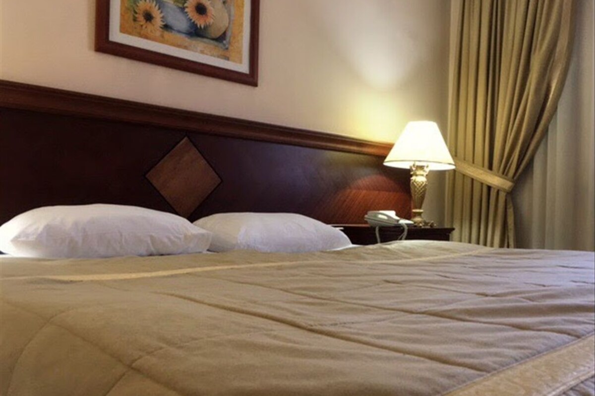 Habitación de hotel con una cama grande, cabecero, lámpara de noche, teléfono y un cuadro en la pared.