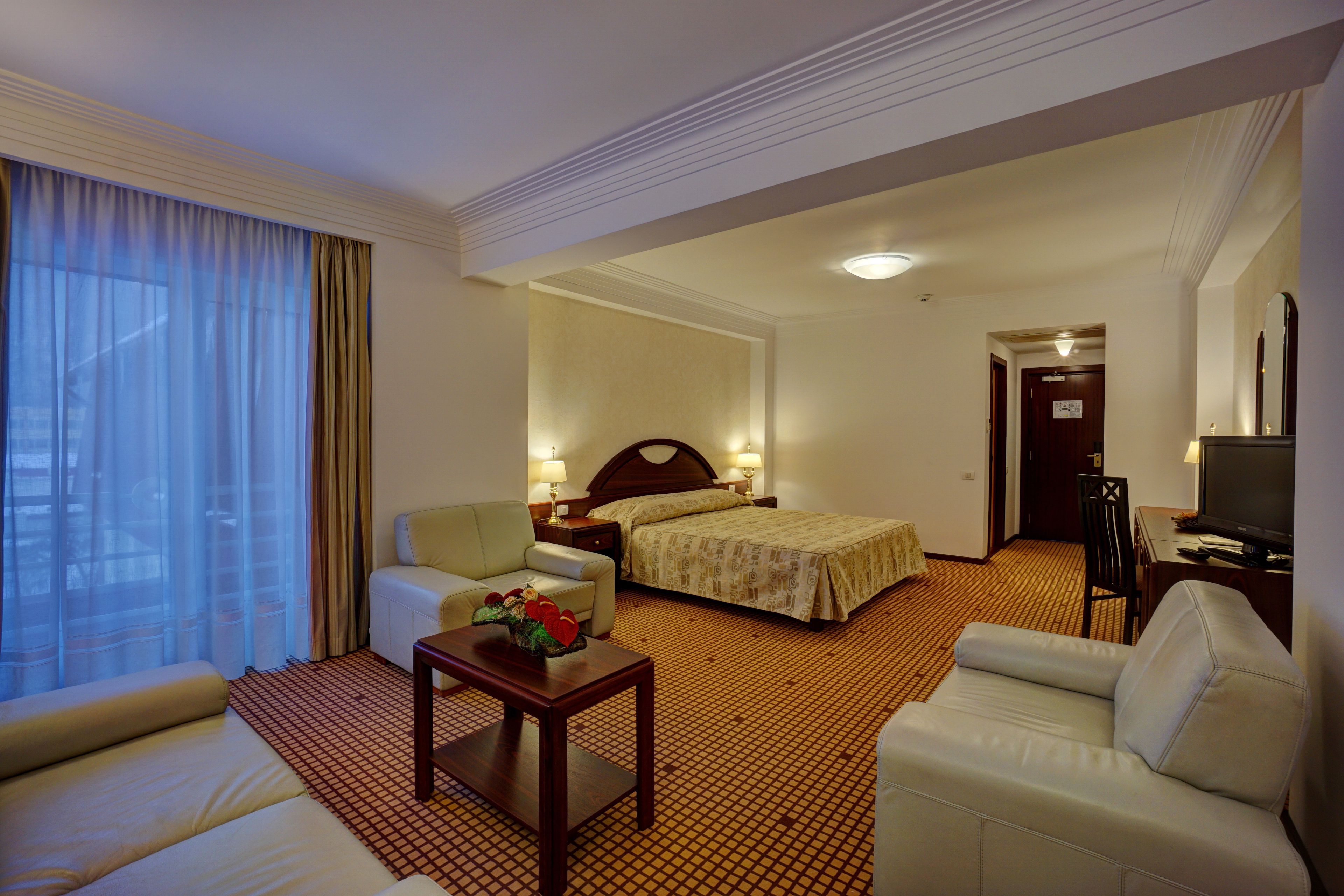 A hotel room with a bed, a sofa, a desk, and a TV.