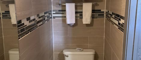Ensemble baignoire-douche, articles de toilette (gratuits)