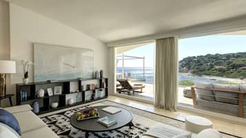 Villa de lujo, 4 habitaciones, alberca privada, vista al mar | Sala de estar | Televisión de pantalla plana de 43 pulgadas con canales por cable