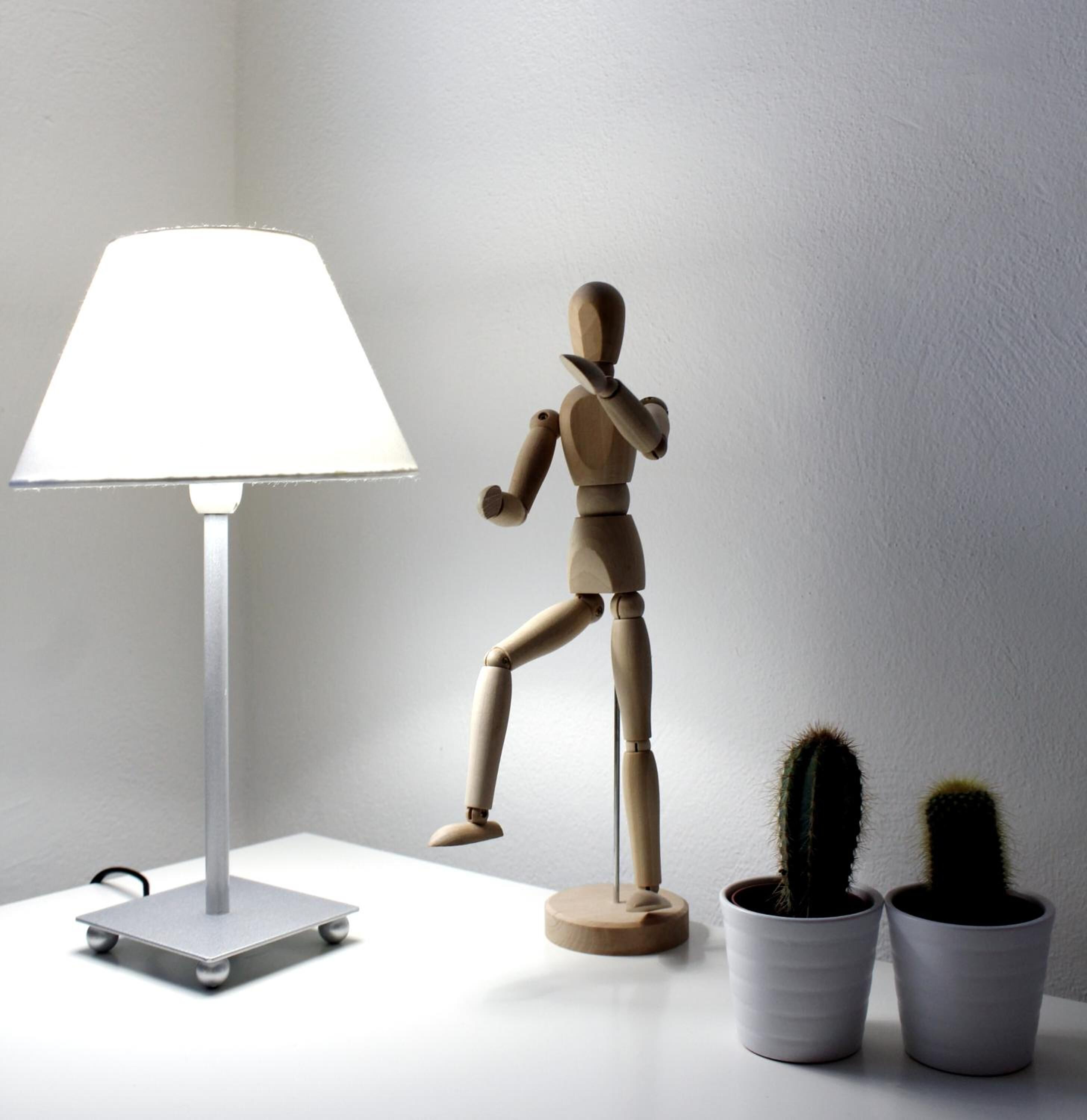 Eine Mannequin, eine Lampe und zwei Kakteen in Töpfen auf weißer Oberfläche.