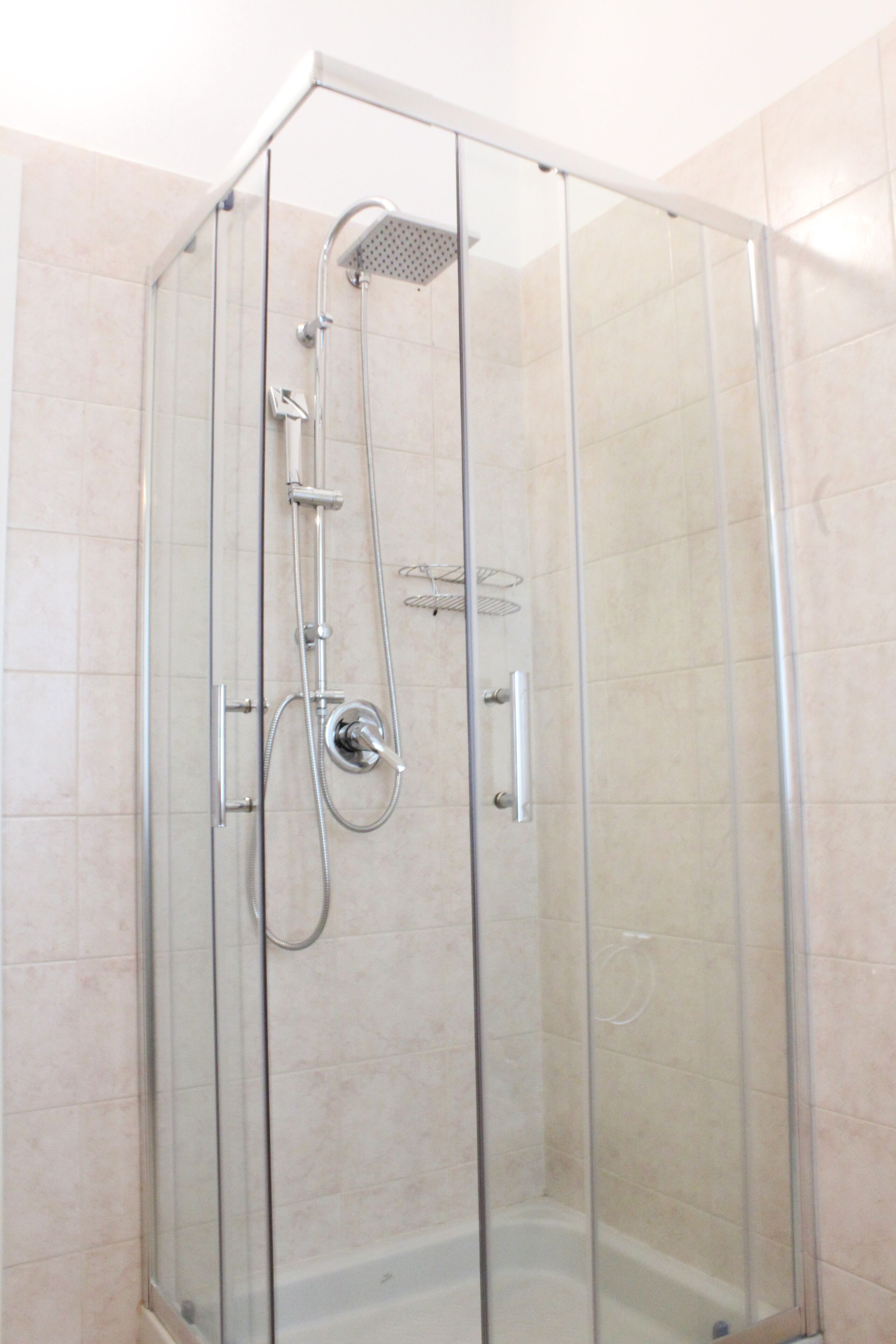 A glass-enclosed shower stall with a handheld showerhead, a wall-mounted faucet, and a control panel.
