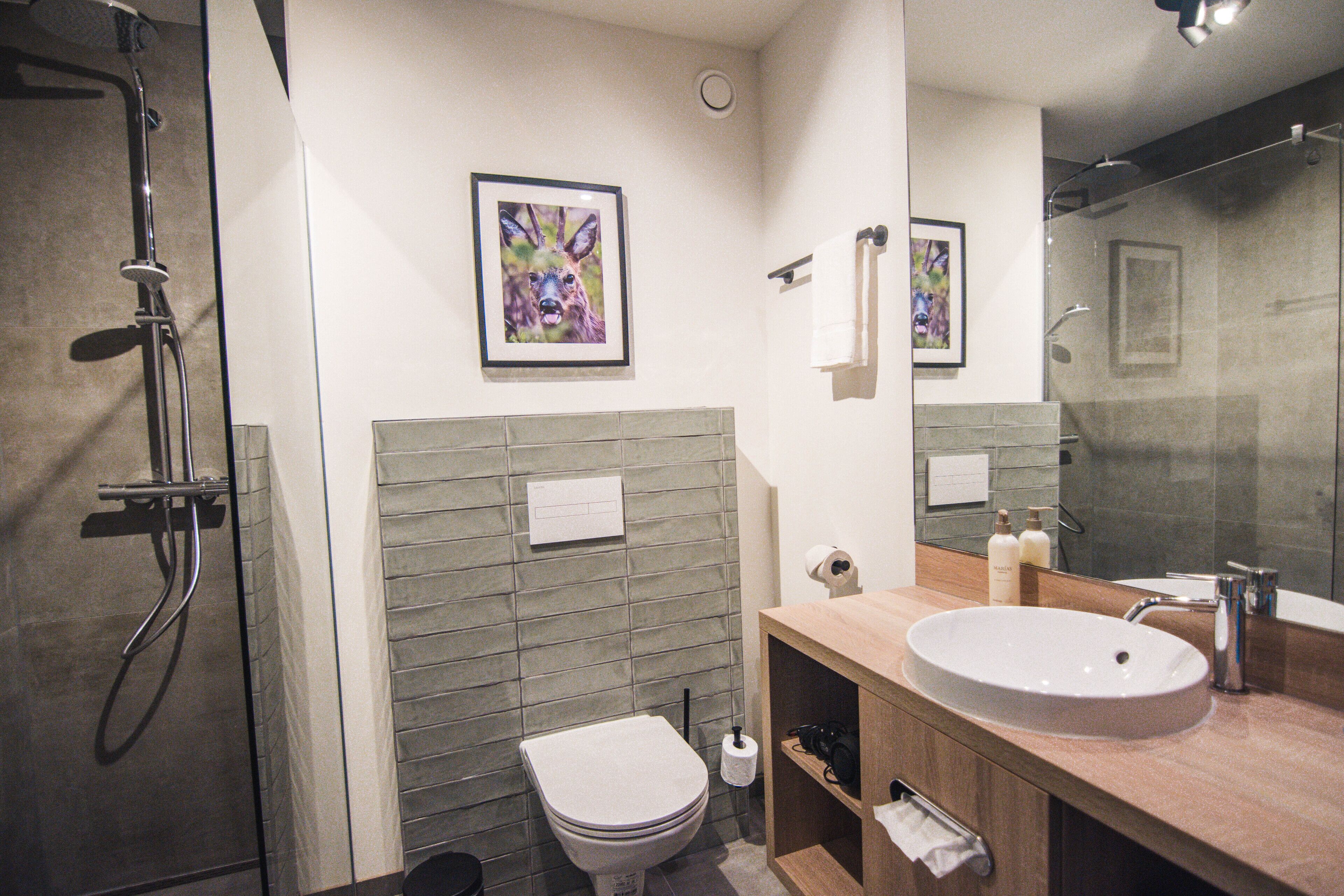 Un baño moderno con ducha, inodoro, lavabo y espejo.