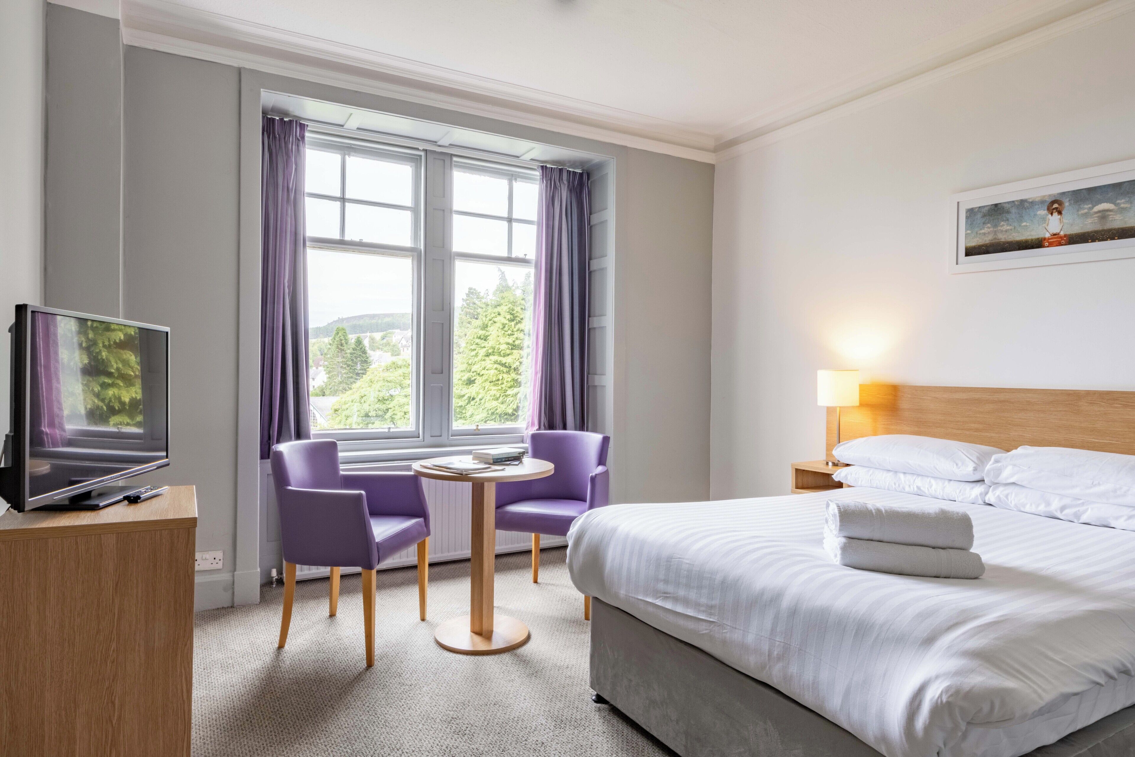A hotel room with a bed, a desk with a TV, two purple chairs, a small table, and a window with curtains.