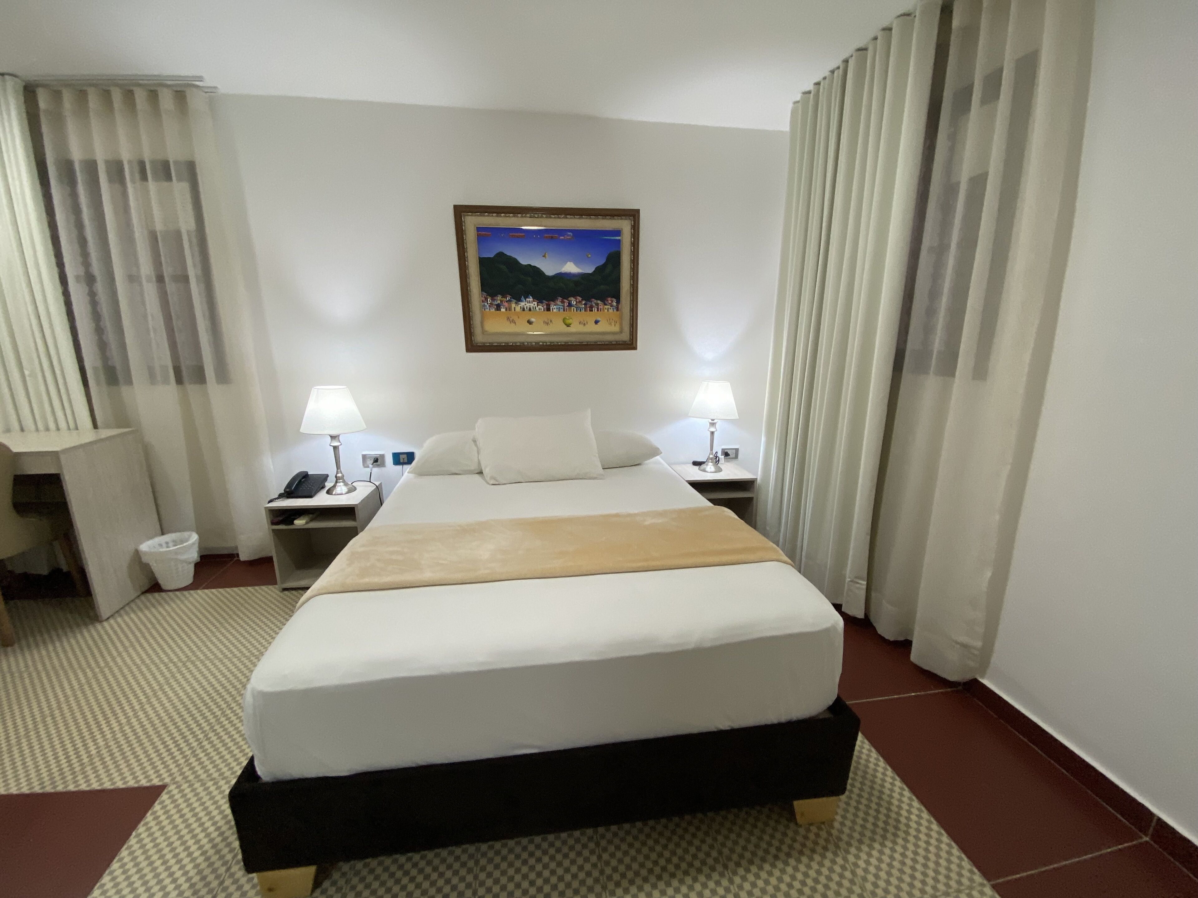 Habitación de hotel con una cama, dos mesitas de noche con lámparas, un cesto de basura y un cuadro en la pared.