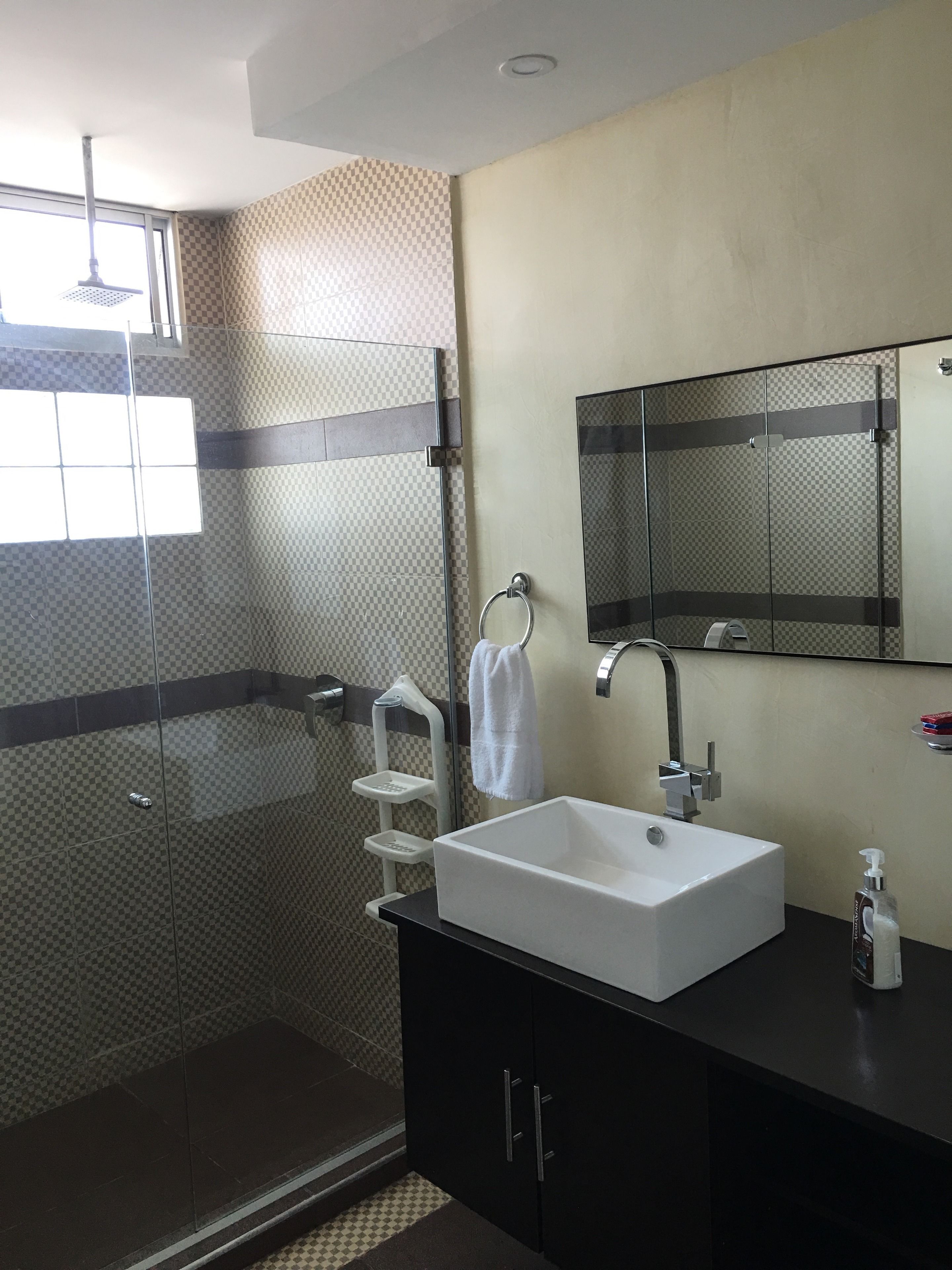 A modern bathroom with a glass-enclosed shower, a white sink, and a mirror above it.