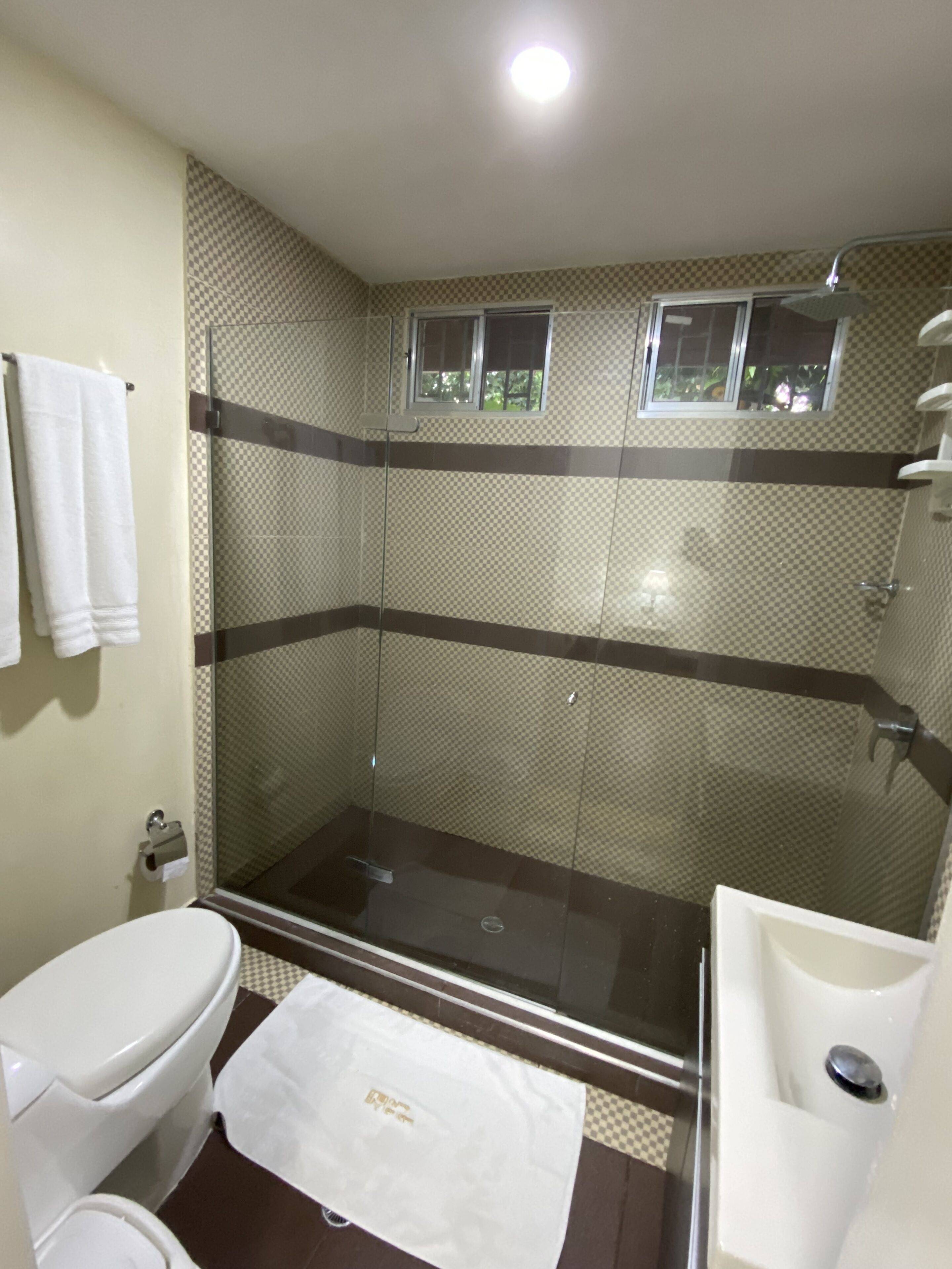 shower, free toiletries, bathrobes, towels