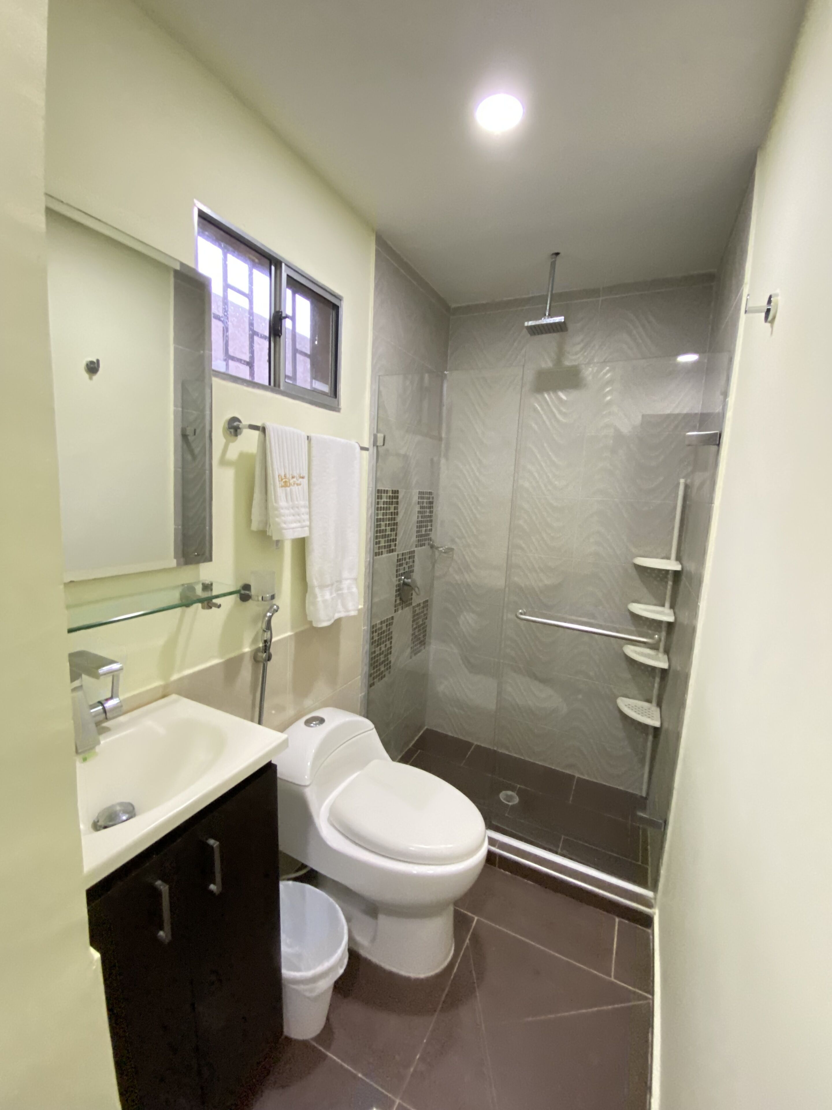 A modern bathroom with a toilet, sink, and shower.