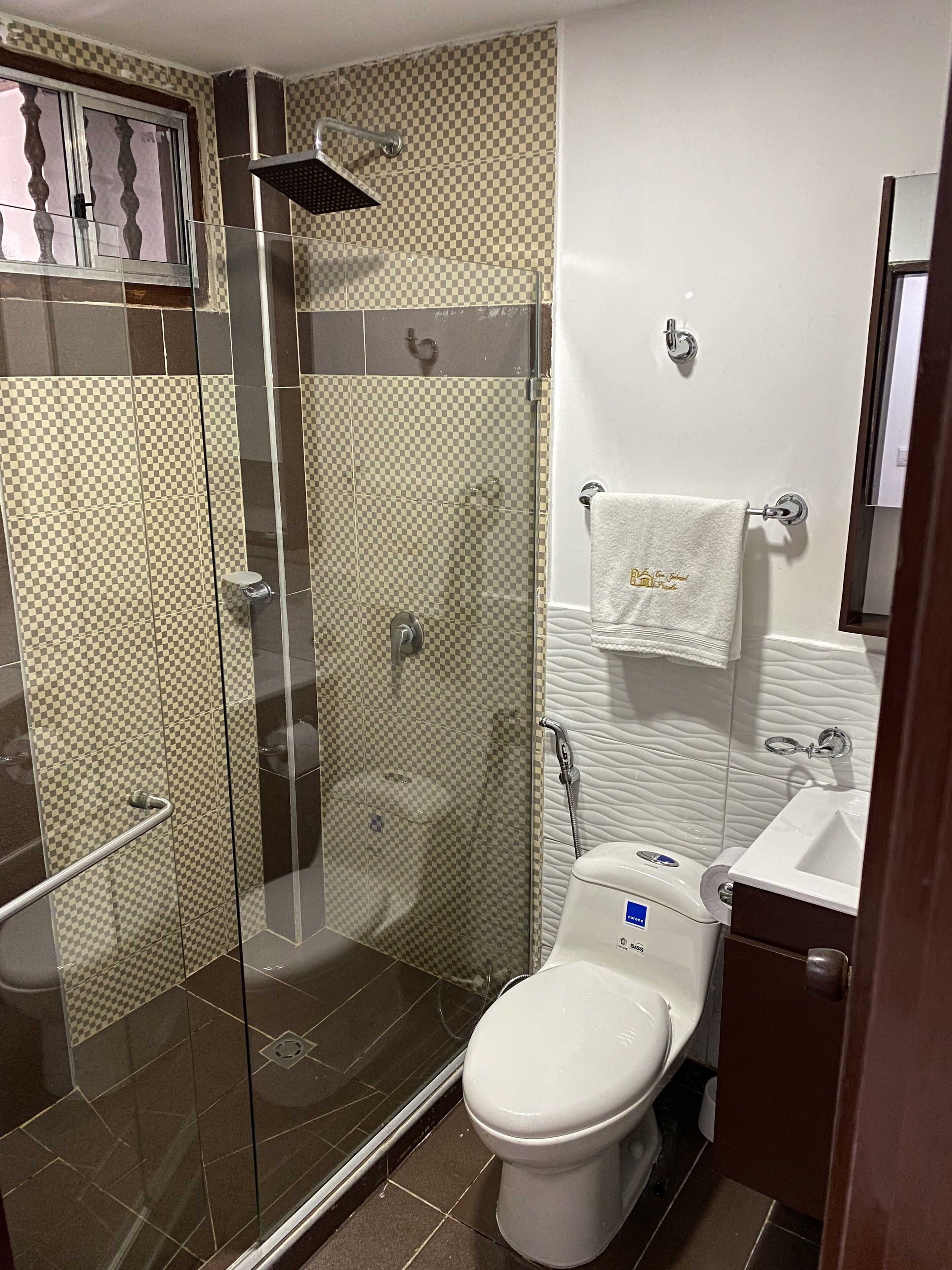 A bathroom with a glass-enclosed shower, a white toilet, and a sink.