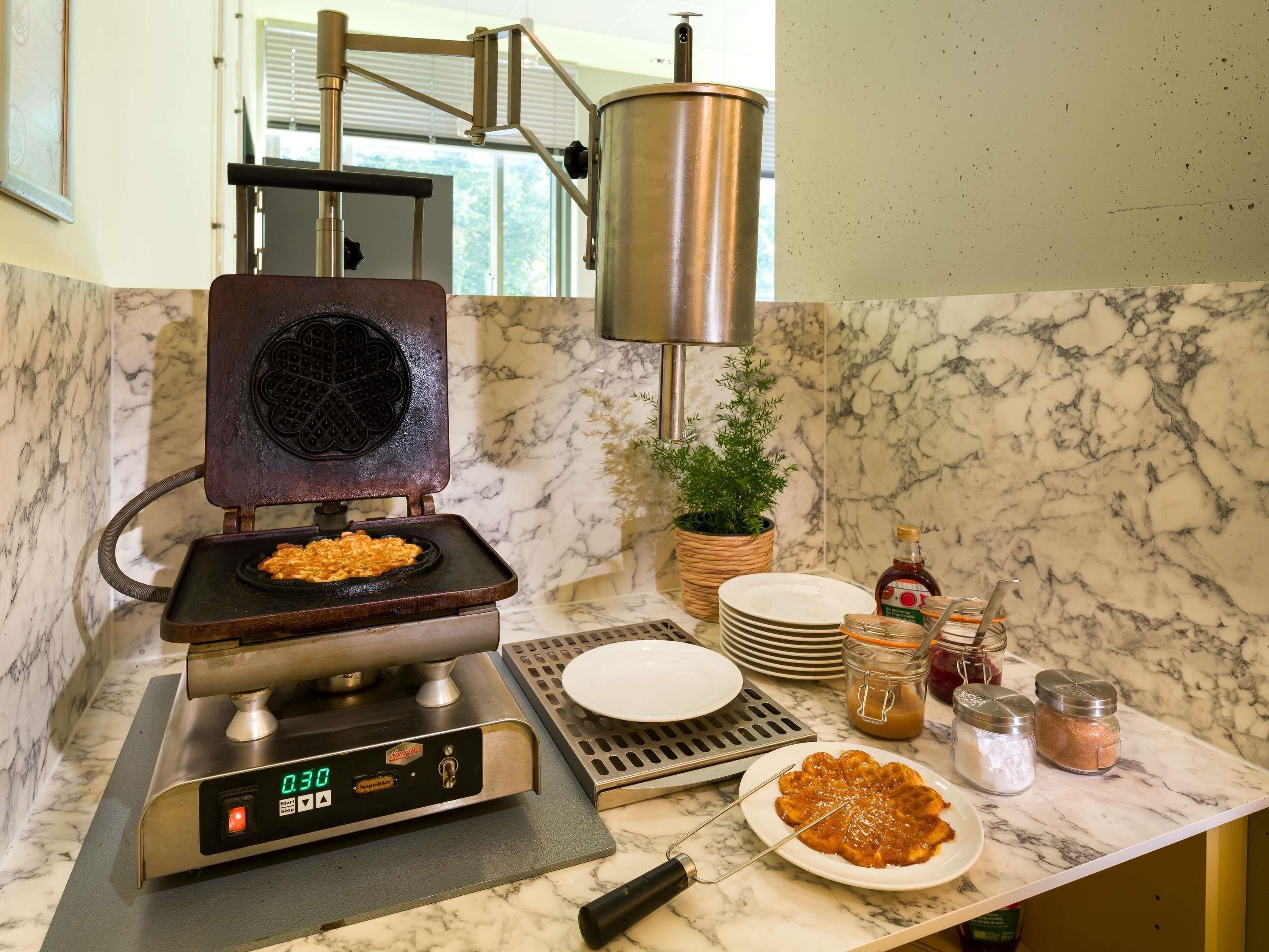 A kitchen with a waffle maker, a plant, and various kitchen items on the counter.