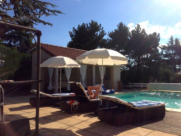 Outdoor pool, open 10:00 AM to 8:30 PM, sun loungers