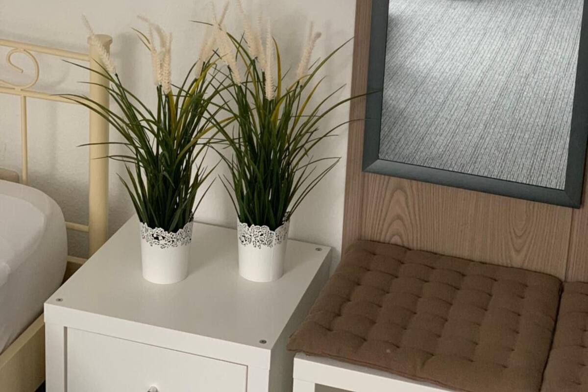 Une chambre à coucher avec un lit, une table de chevet ornée de deux plantes en pot, un miroir et une petite table de nuit avec une lampe.