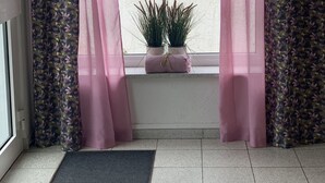 Una habitación con ventana, felpudo y dos macetas en el alféizar.