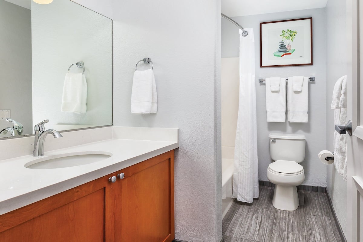 combined shower/bathtub, hair dryer, towels