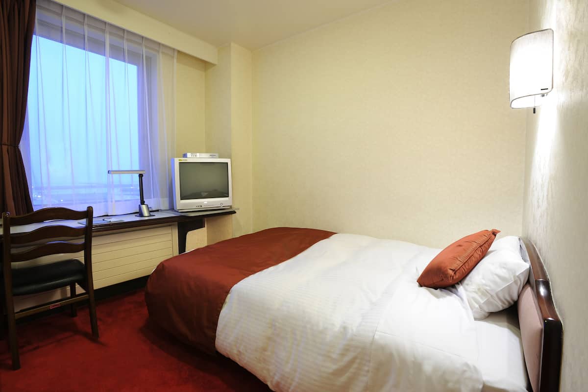 Una habitación de hotel con cama, escritorio con televisor, silla y ventana con cortinas.