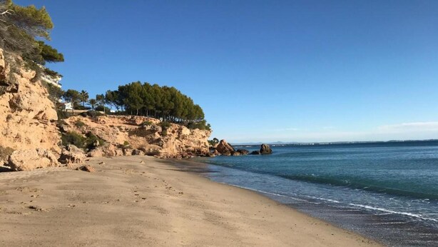 A sandy beach with rocky cliffs and trees. - Casas Adosadas Romani (Mont-roig del Camp)