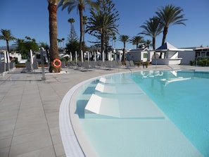 Ein Swimmingpool mit Liegestühlen und Palmen.