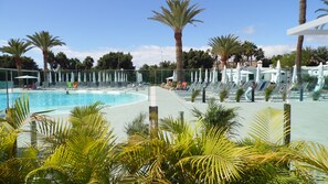 A swimming pool area with lounge chairs and umbrellas, surrounded by palm trees. - Canary Garden Club (San Bartolomé de Tirajana)