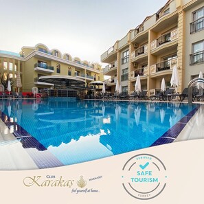 Seasonal outdoor pool, free pool cabanas, pool umbrellas