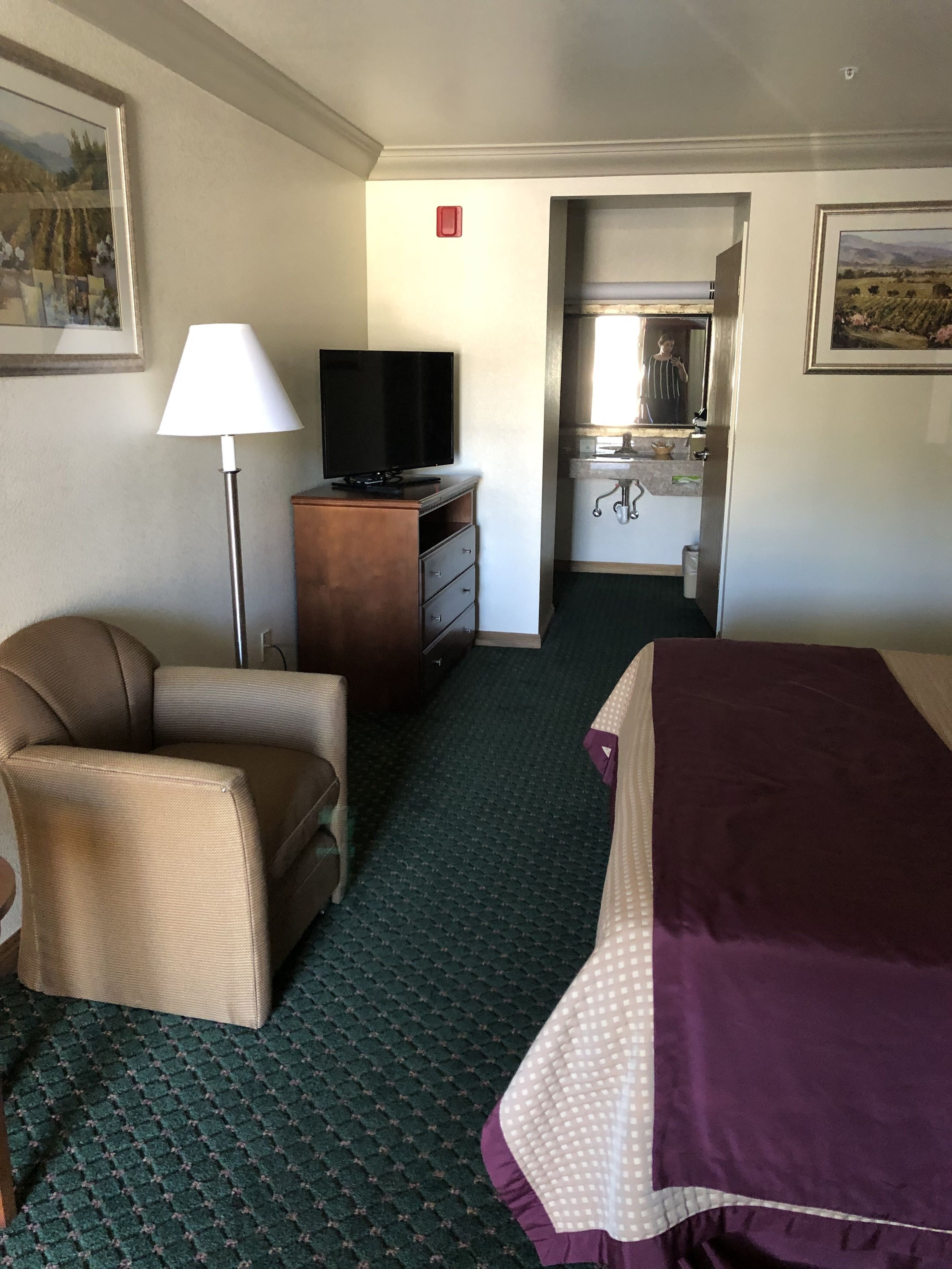 Une chambre d’hôtel avec un lit, une chaise, un bureau avec une lampe et un téléviseur.