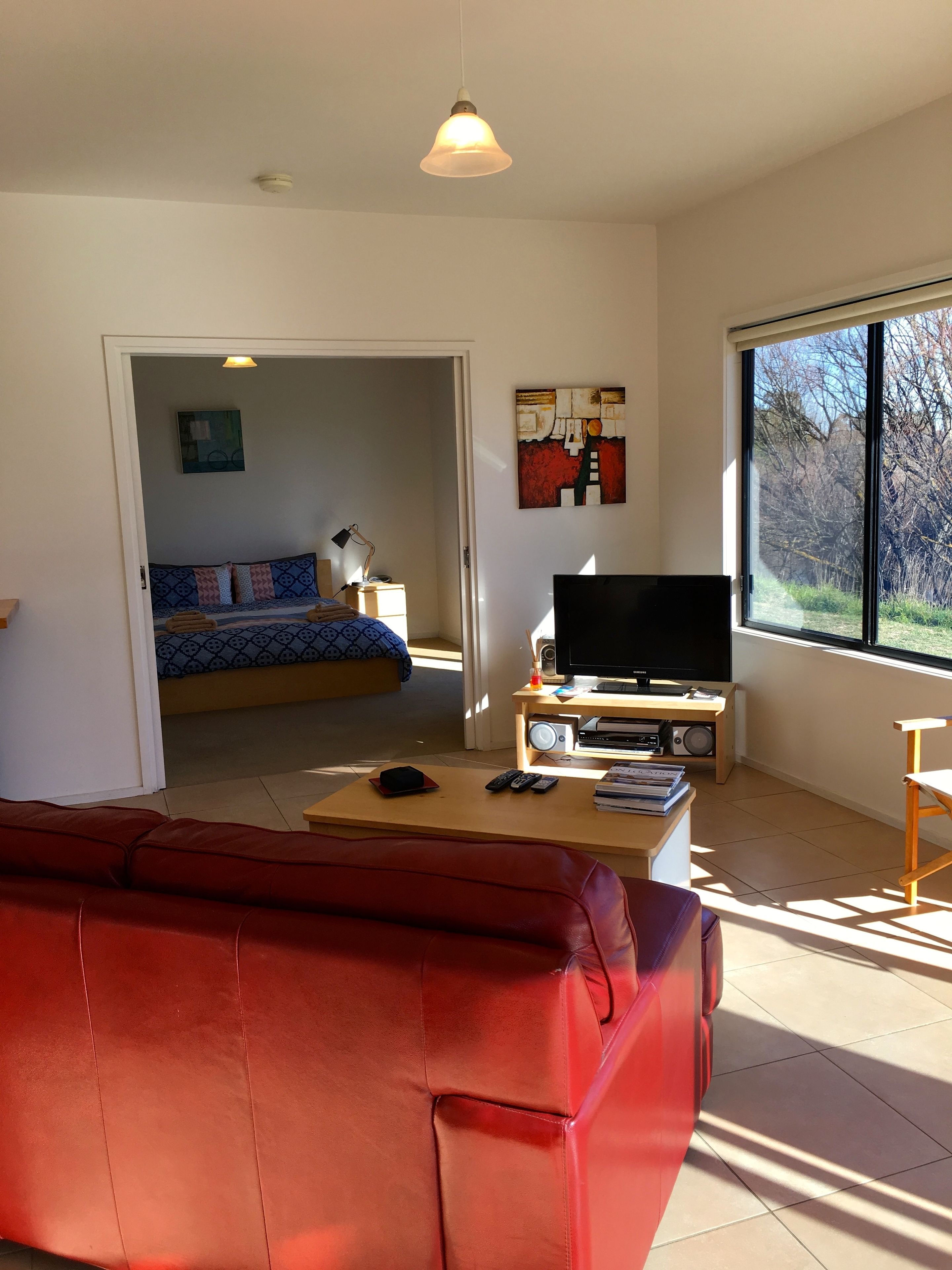 A modern living room with a red leather sofa, a flat-screen TV on a wooden stand, and a large window offering a view of trees.