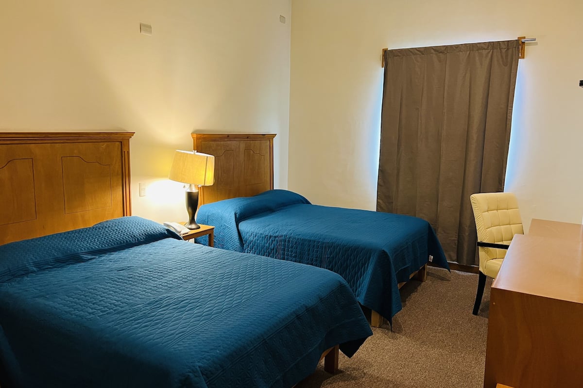 Une chambre d’hôtel avec deux lits, une tête de lit en bois, une table de chevet avec une lampe, une chaise et une grande fenêtre avec un rideau.