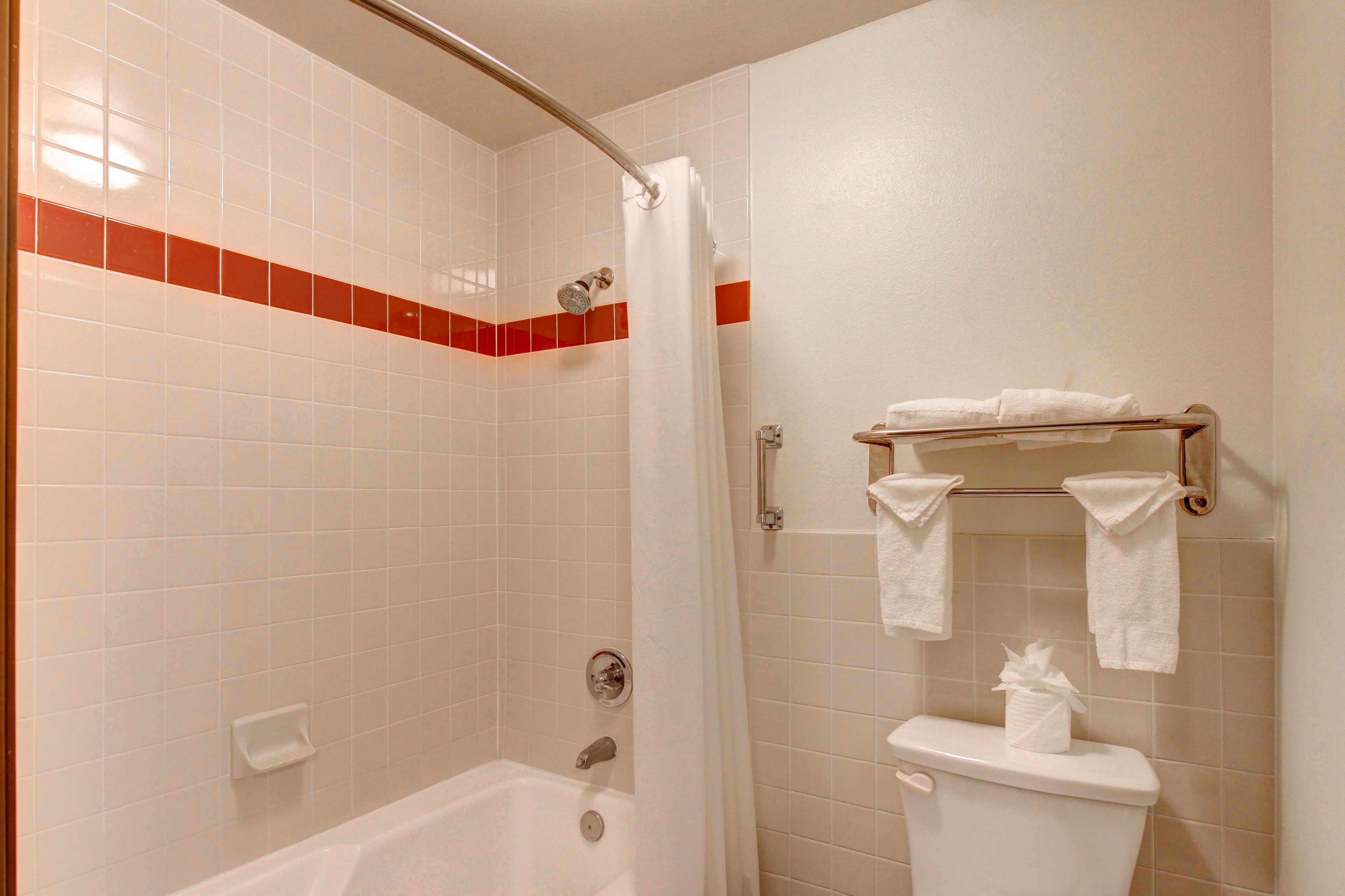 combined shower/bathtub, free toiletries, hair dryer, towels