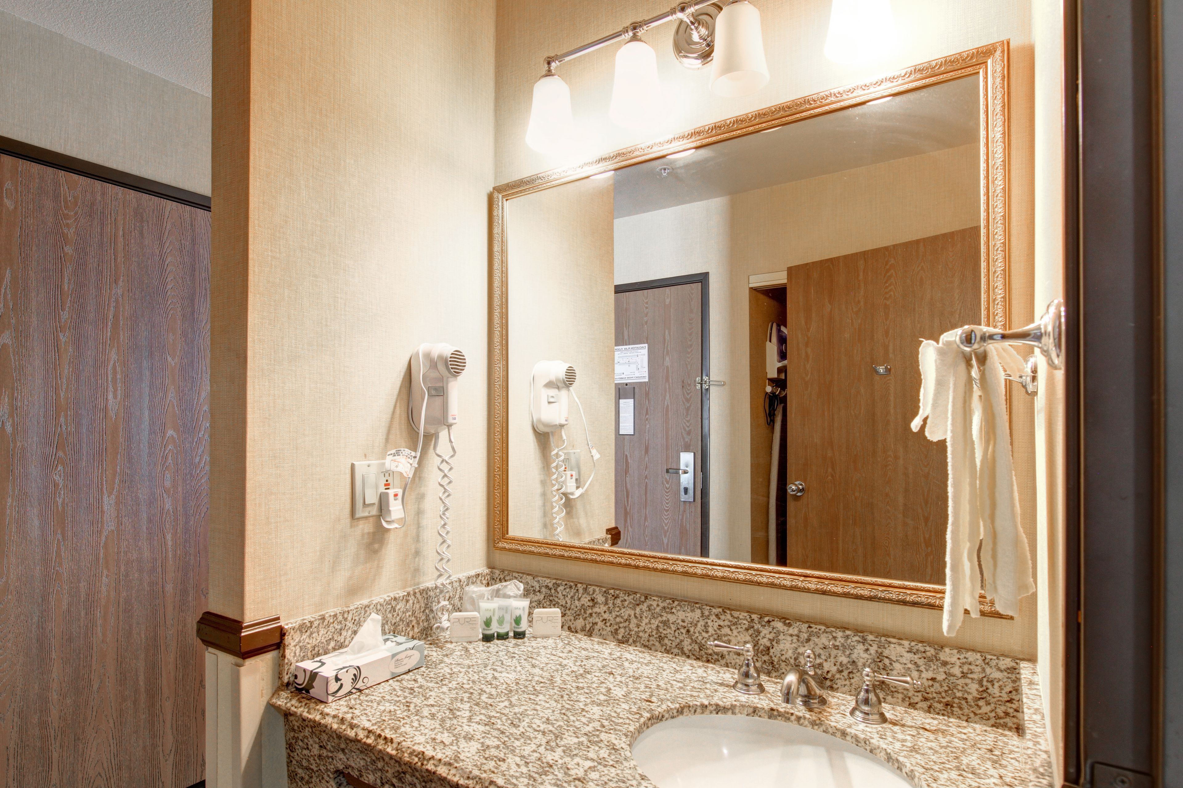 combined shower/bathtub, free toiletries, hair dryer, towels