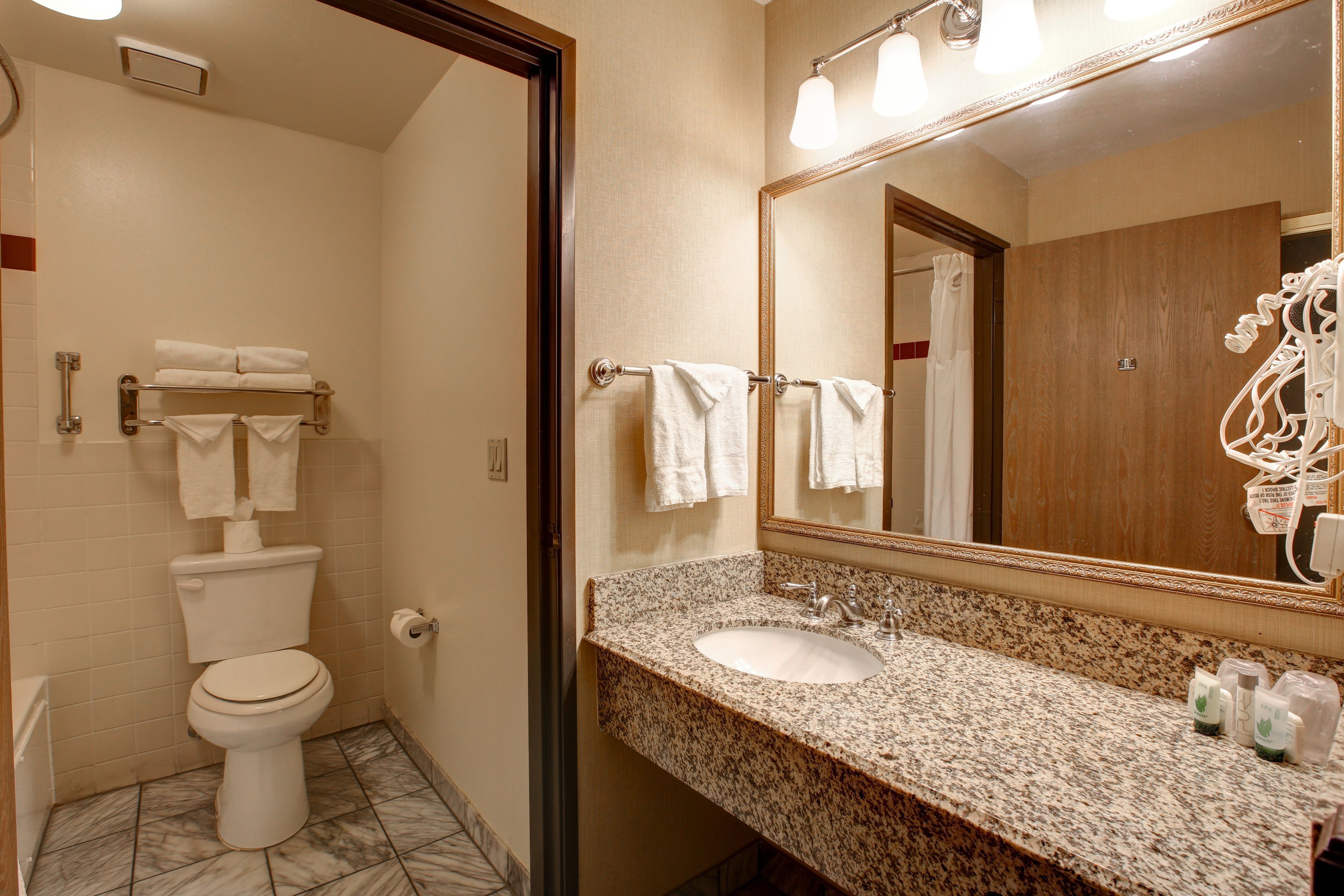 combined shower/bathtub, free toiletries, hair dryer, towels