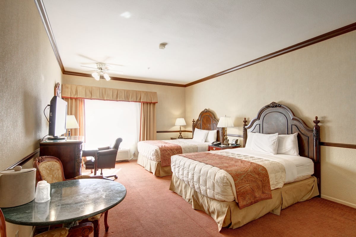 desk, laptop workspace, blackout curtains, iron/ironing board