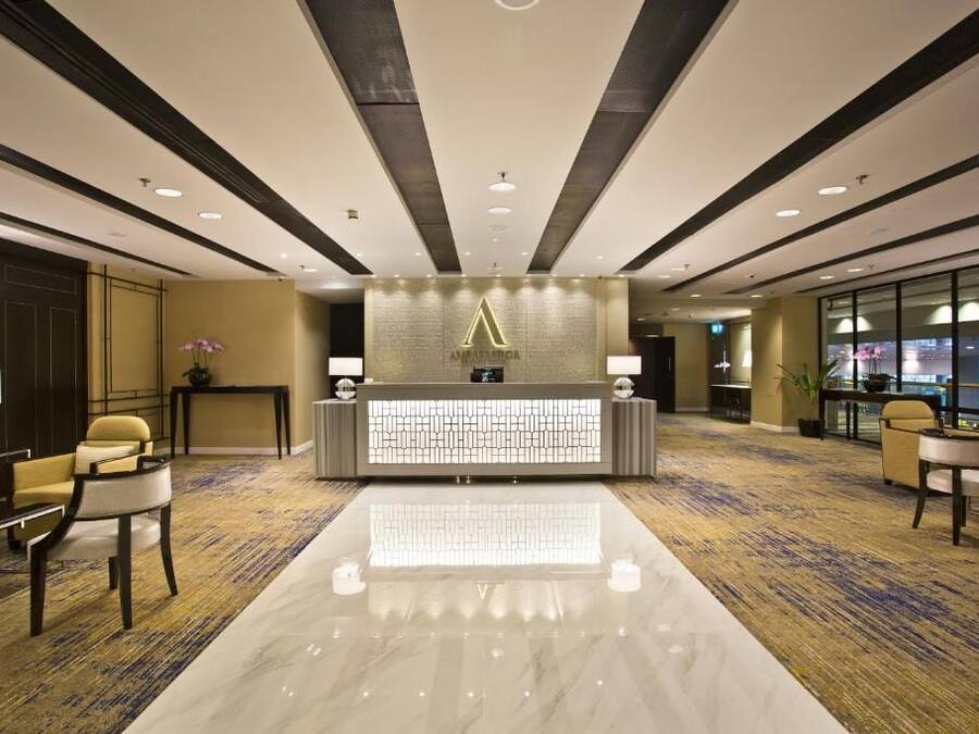 Zona de recepción de un hotel con diseño moderno, que incluye un mostrador de recepción, un área de estar y piso alfombrado.