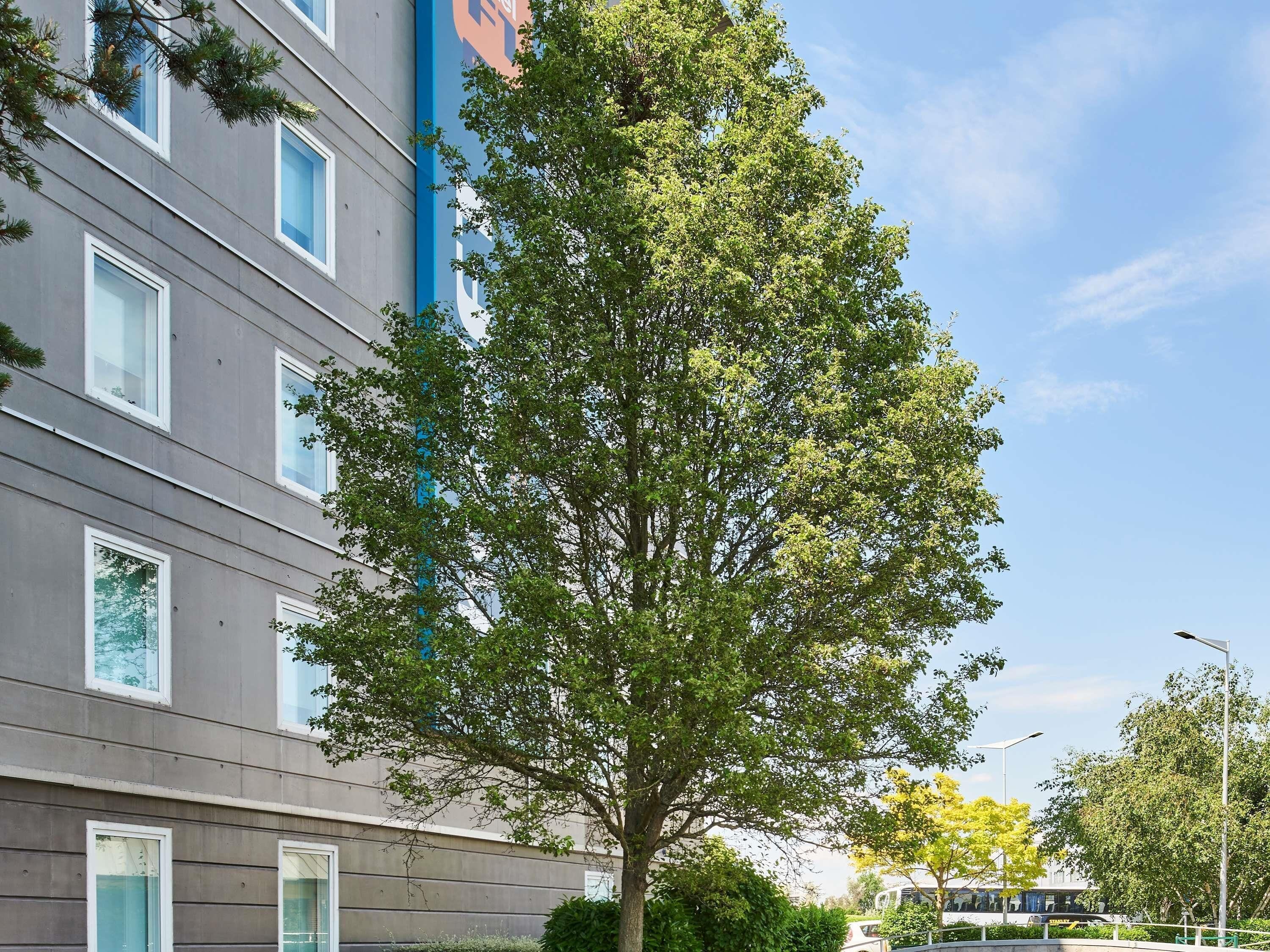 Un edificio moderno con varias ventanas y un árbol al frente.
