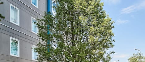 Un edificio moderno con varias ventanas y un árbol al frente.