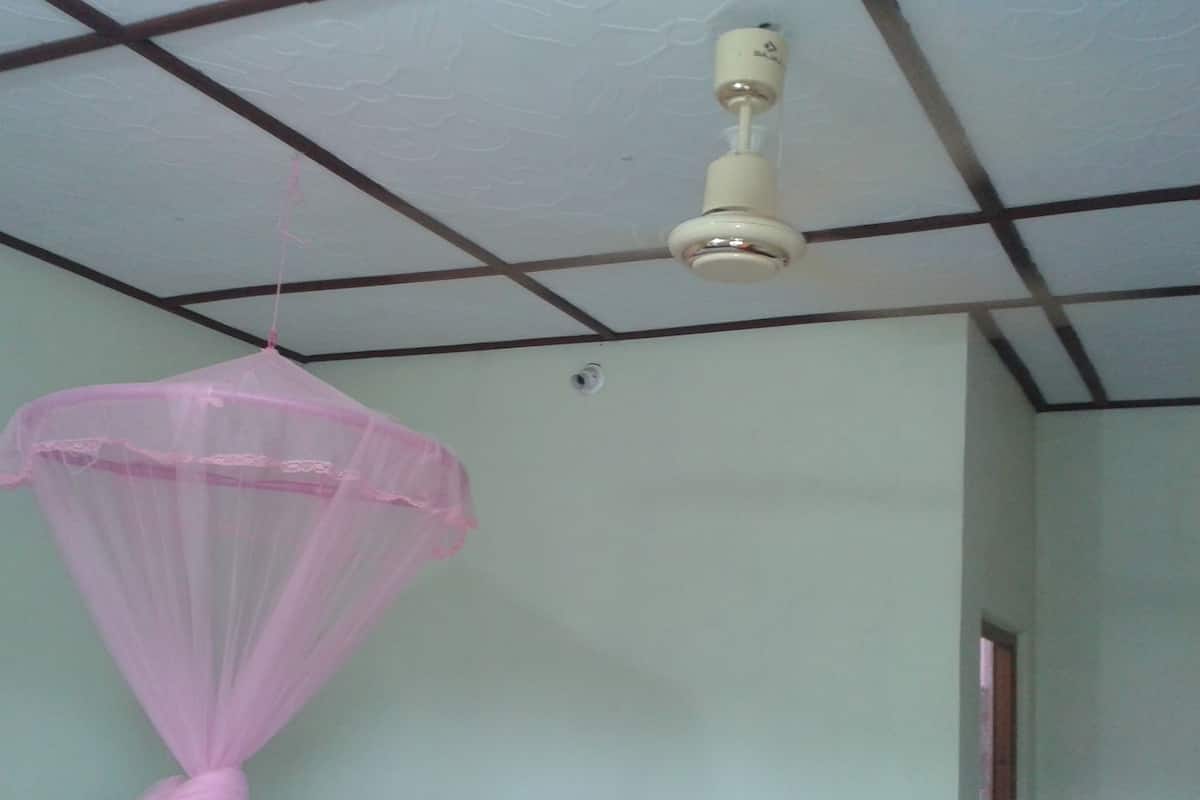 Una habitación con ventilador de techo, mosquitero rosa y cámara de seguridad.