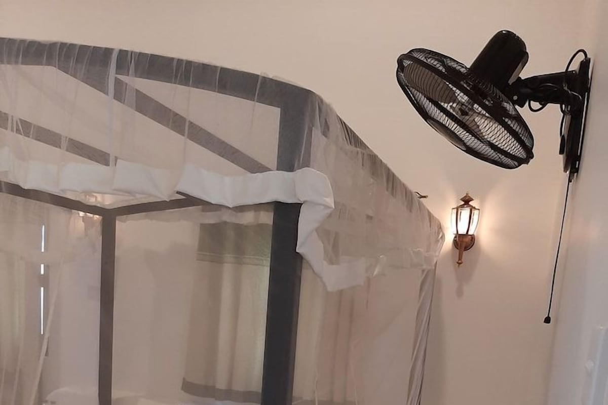 A room with a bed, a bedside table, a wall-mounted fan, and a wall-mounted light fixture.