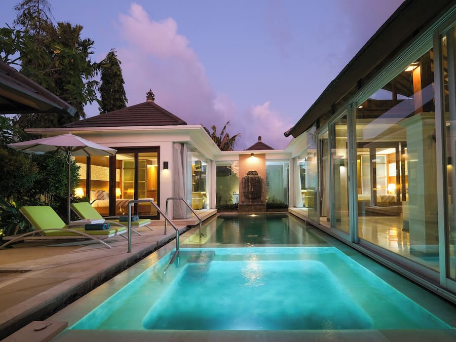 Outdoor pool, pool umbrellas, pool loungers