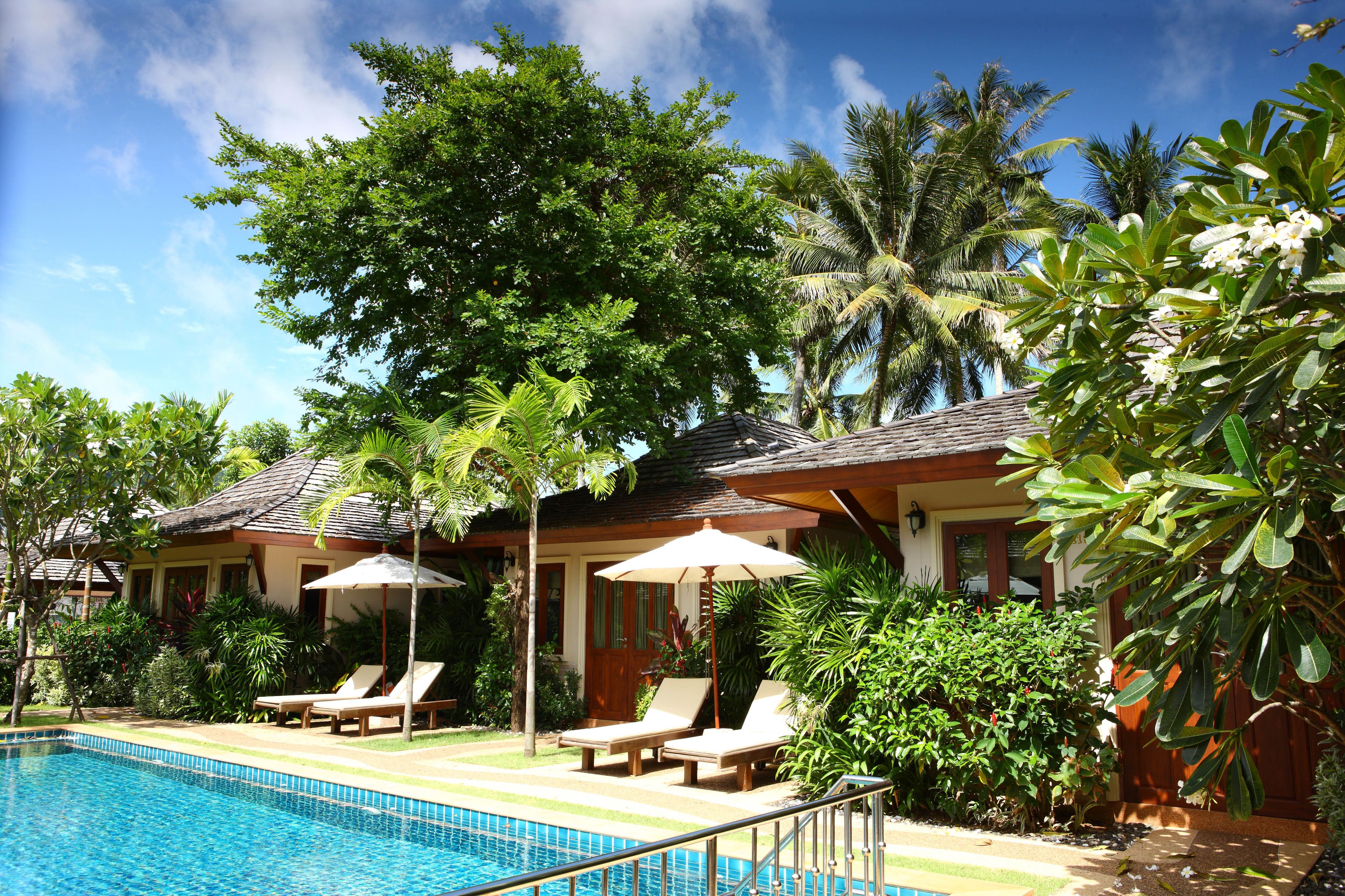 Zona junto a la piscina con sillones de descanso y sombrillas, rodeada de vegetación exuberante y palmeras.
