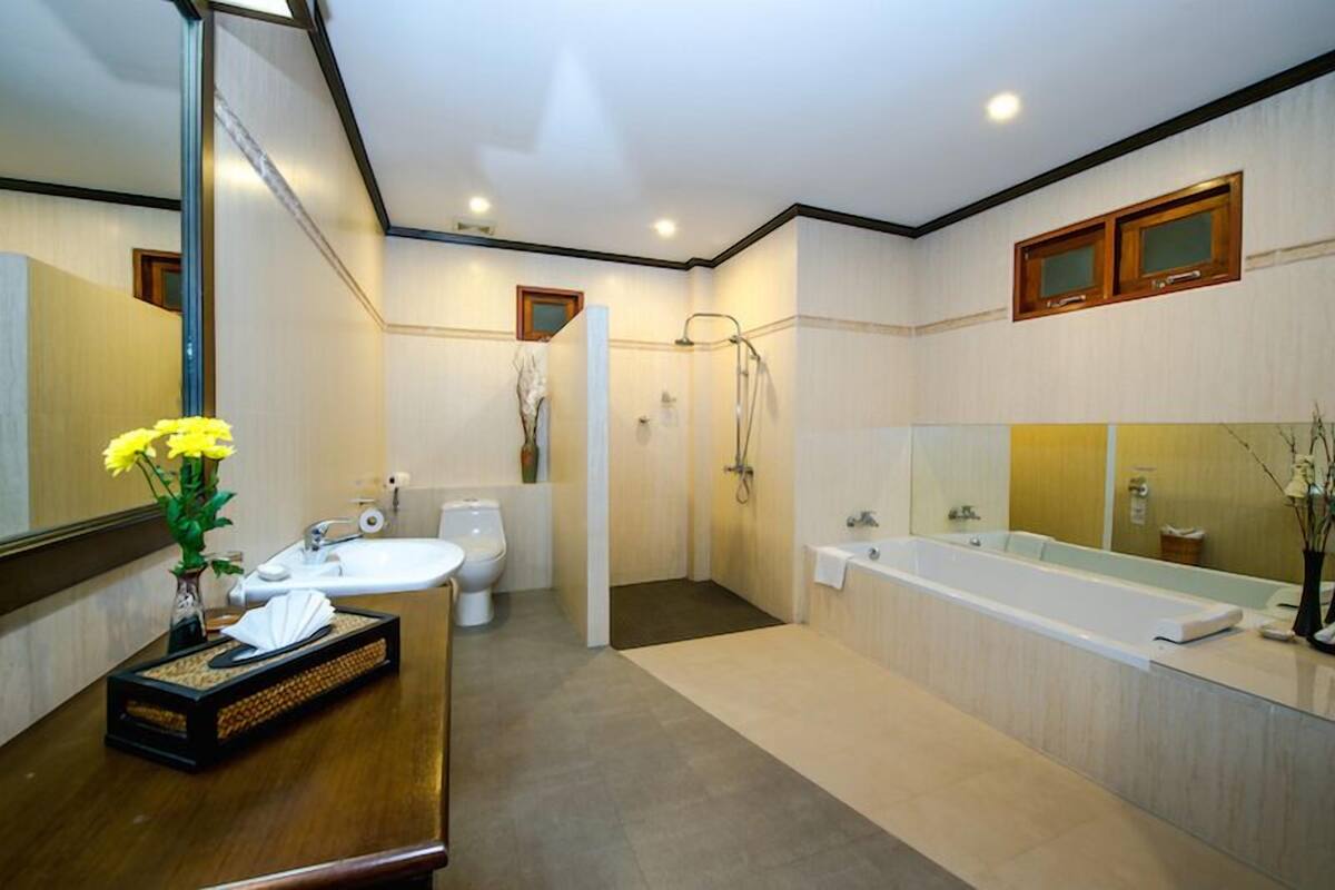 villa, pool access | bathroom | free toiletries, hair dryer, bathrobes, towels