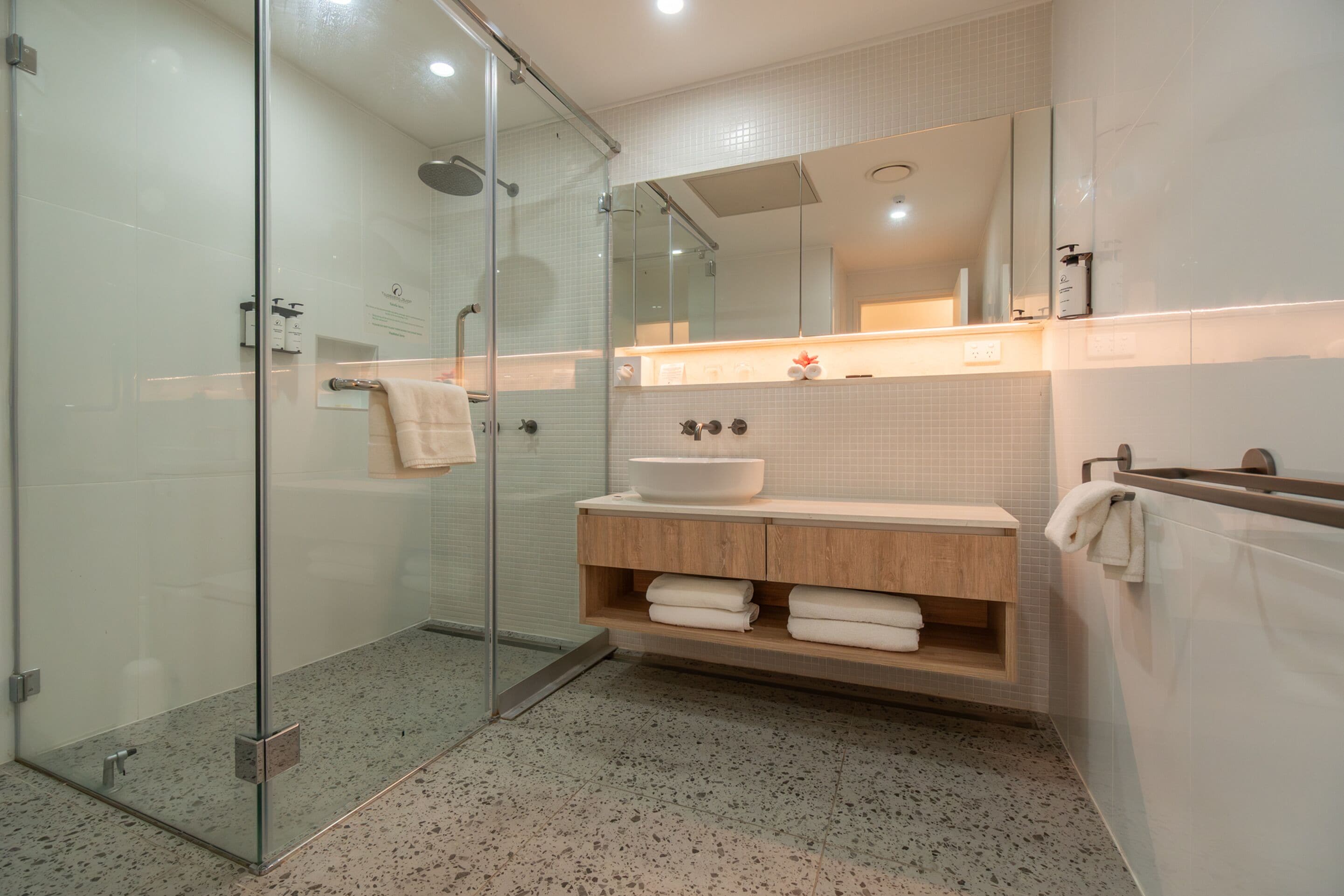 A modern bathroom with a glass shower enclosure, a wooden vanity, and a large mirror.