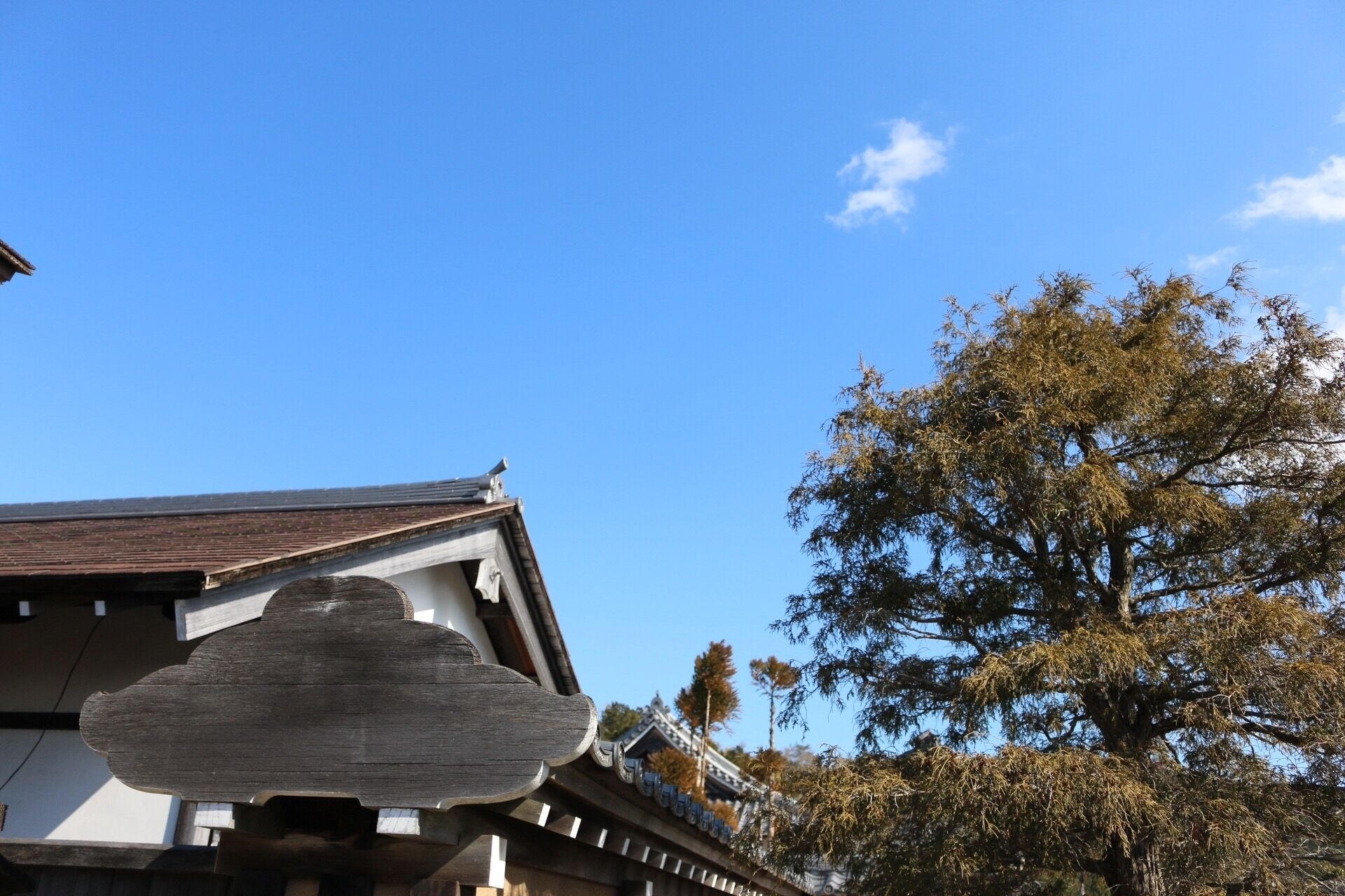 A traditional building with a sloped roof and wooden eaves.