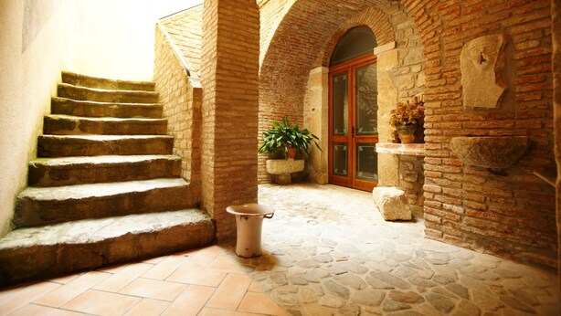 Una escalera de piedra que conduce a una puerta, con una planta en maceta cerca.