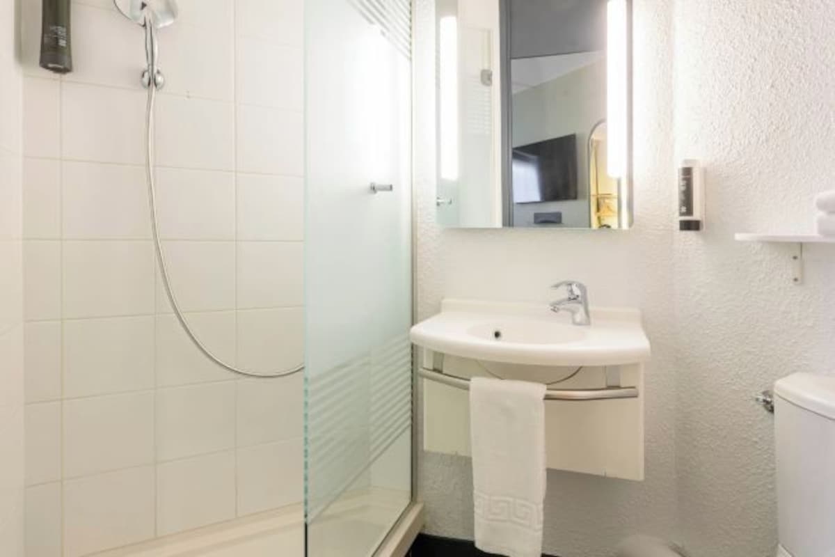 A bathroom with a glass shower enclosure, a white sink, and a toilet.