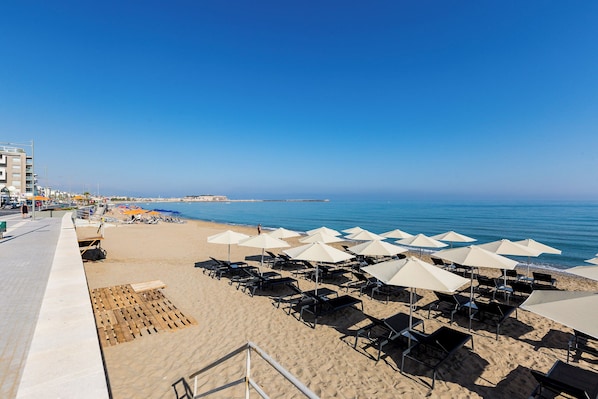 On the beach, sun-loungers, beach umbrellas, beach towels