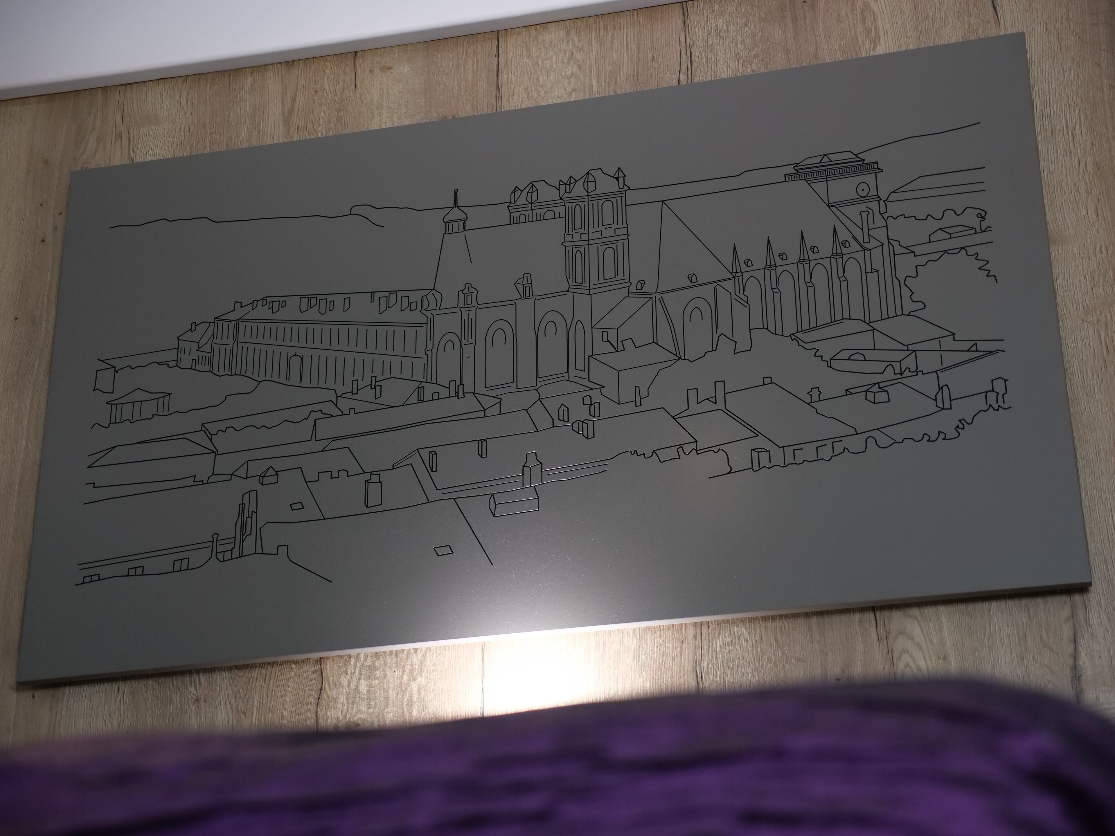 A detailed architectural drawing of a cityscape with various buildings and structures.