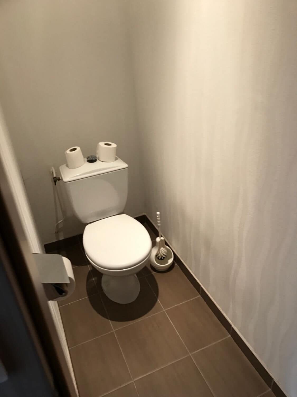 Een kleine, moderne badkamer met toilet, toiletrolhouder en toiletborstel.