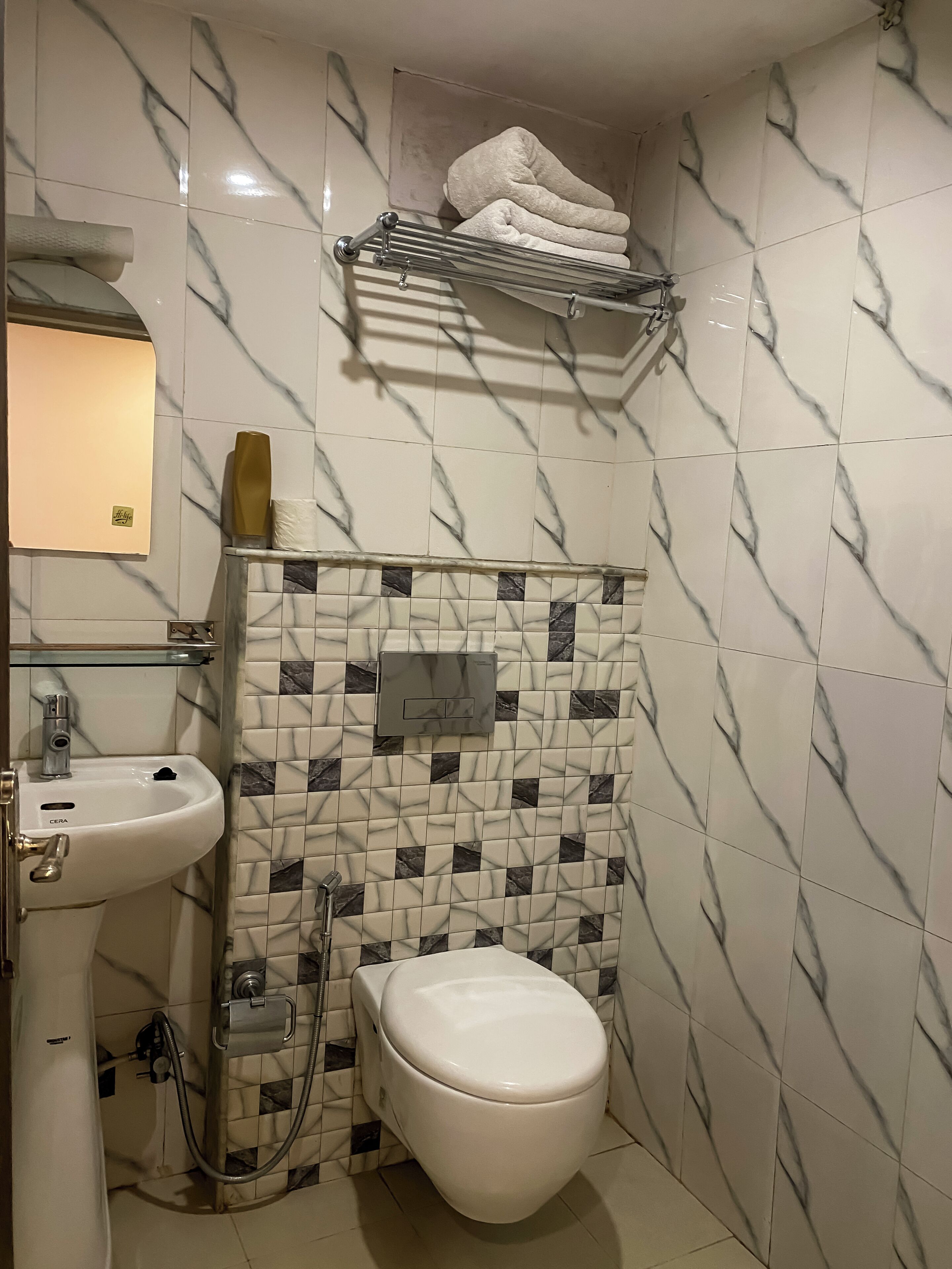 shower, free toiletries, slippers, towels