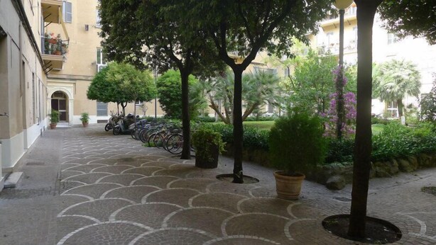 Un patio con pavimento estampado, plantas en macetas y bicicletas estacionadas a un lado.